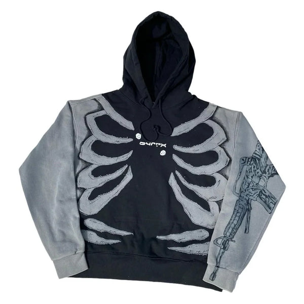 Y2K Patchwork Hoodie Women Retro Black Gray English Print Pullover