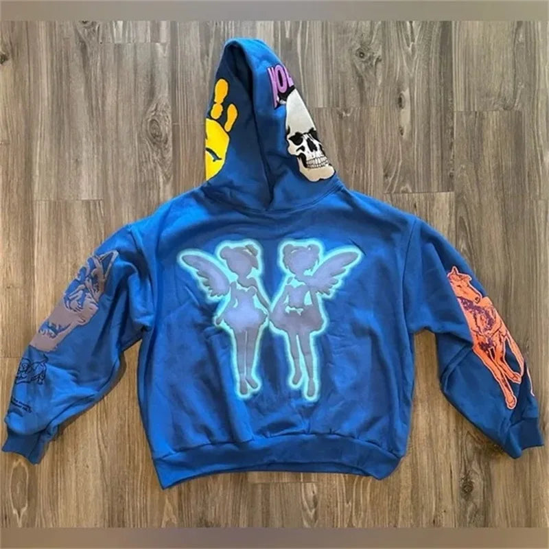 Y2K Cartoon Print Hoodie Women Streetwear Loose Pullover Hip-Hop Top