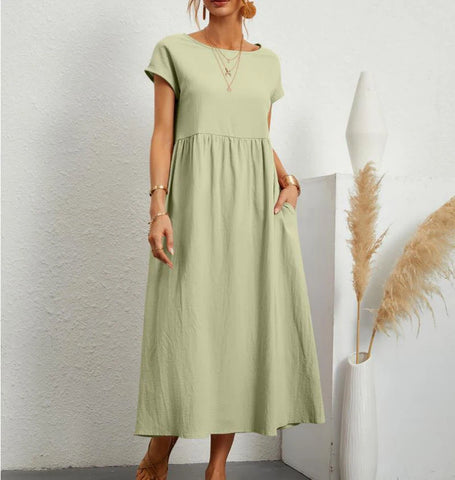 Womens Solid Color Cotton Linen Dress