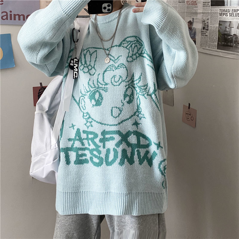 Streetwear women Anime Print Knitted Sweater Long Sleeve Jumper