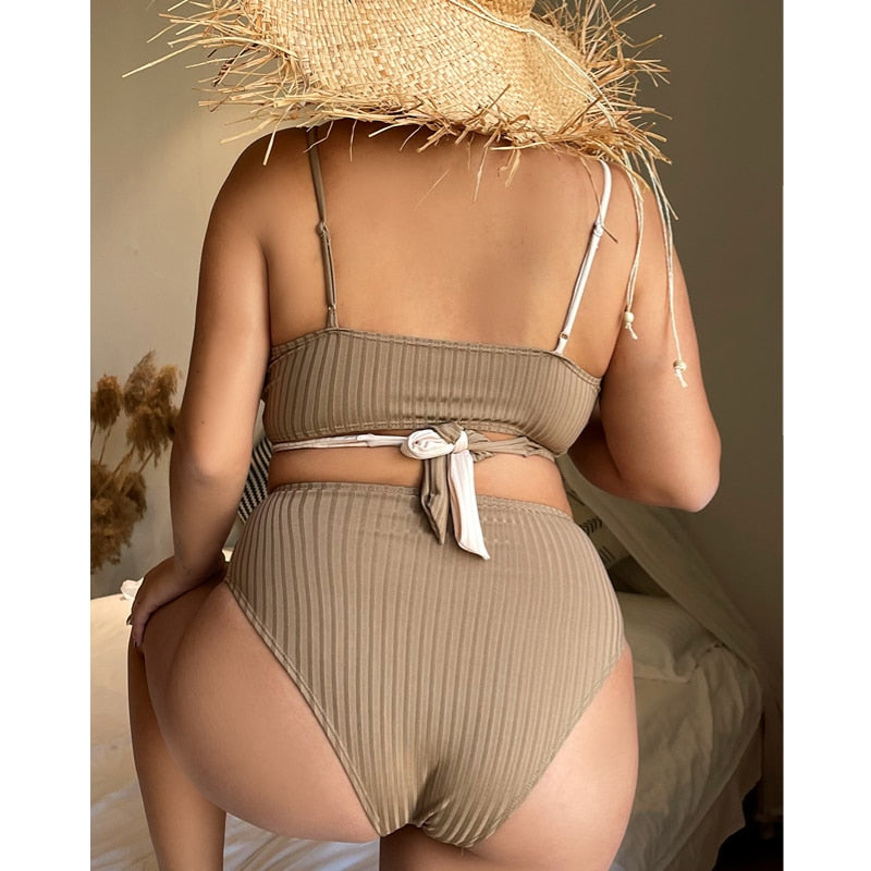 Bikini-Set für Damen, Übergröße, Farbblock-Wickel, hohe Taille, Baden