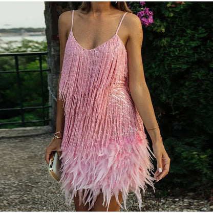 Tassel Sequins Feather Mini Dress Women Spaghetti Strap Stitching Dresses