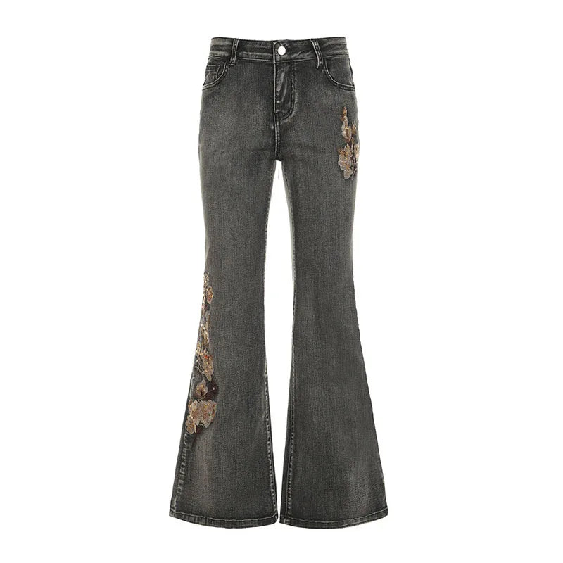 Elegant Embroidered Flared Jeans Women's High Waist Spring Pants