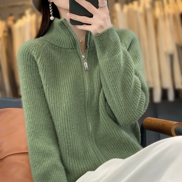 Wool Zipper Cardigan Padded Shoulder Stand Collar Women