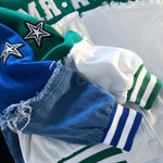 Jacke für Damen, dünnes Revers, klein, blaue Denim-Nähte, Baseball-Uniform