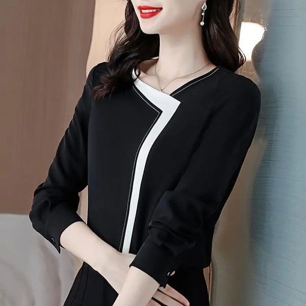 V Neck Colorblock Blouse Women Korean Long Sleeve Chiffon Top