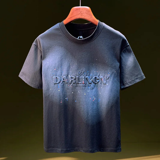 2025 Summer Men's T-Shirt Trendy Embossed Letter Loose Fit