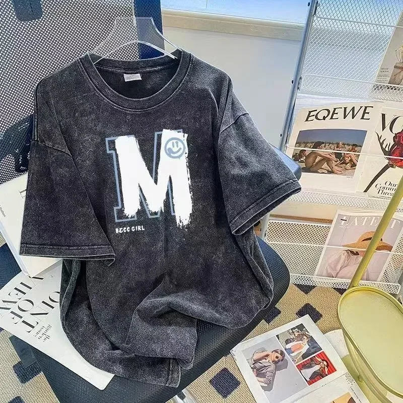 American Retro Wash T-Shirt Men's Summer Loose High Street Fashion