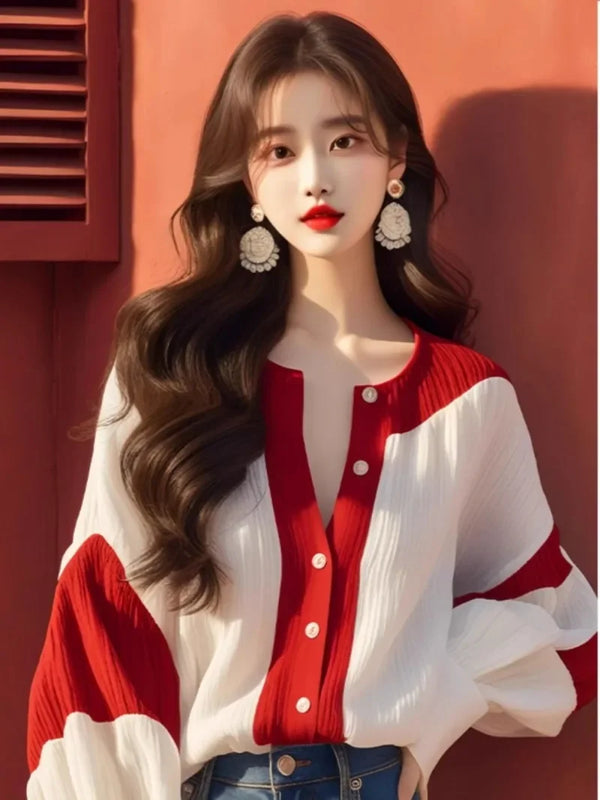 Spring Summer Chiffon Patchwork Blouse Women Loose Vintage