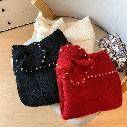 Women’s Vintage Red Off-Shoulder Christmas Sweater – Beaded Knitted Winter Pullover