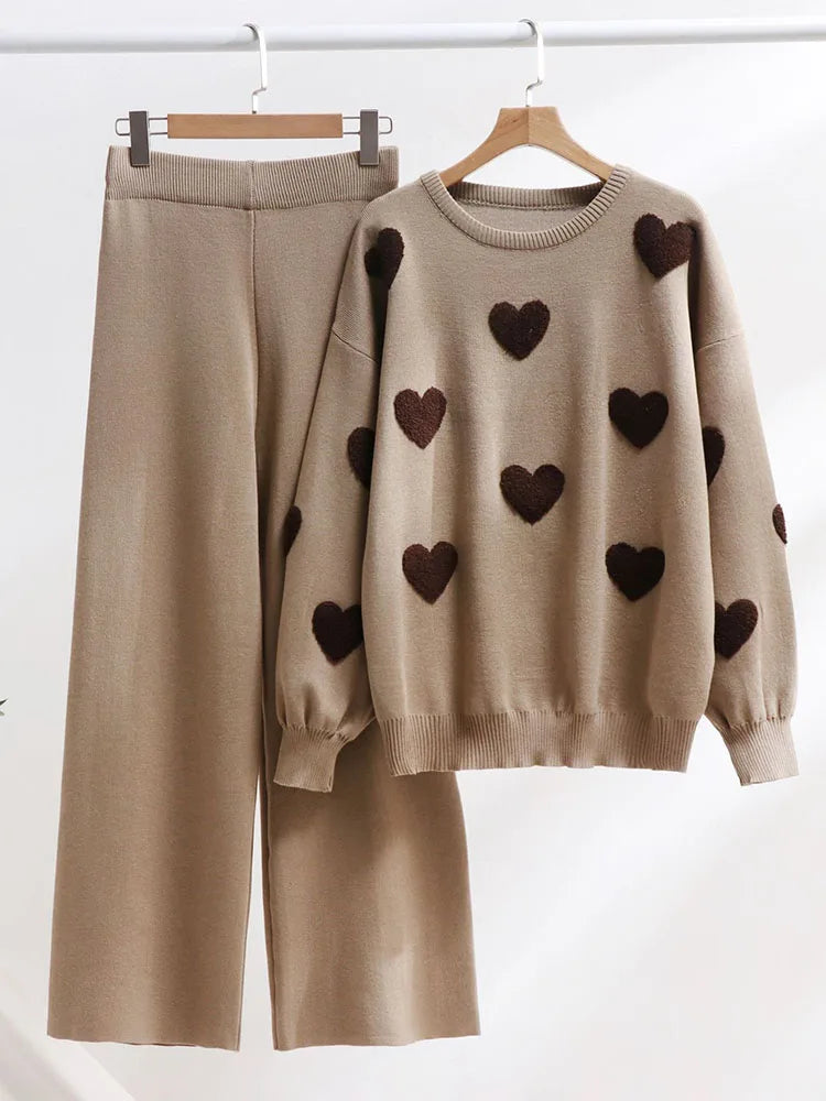 Heart Sweater Pants Set Women Winter Knitted Suit