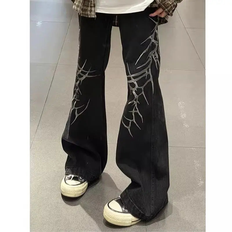 Dark Aesthetic Wide Leg Jeans Lightning Print Streetwear Denim