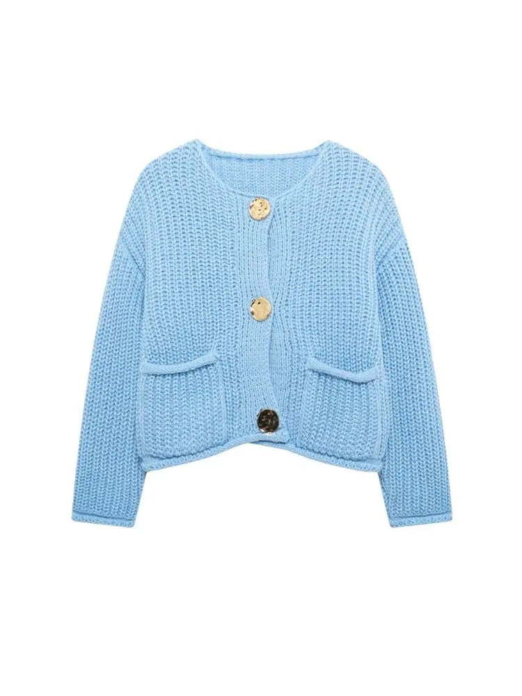 Women's Knit Cardigan Sweater - Gold Buttons & Patch Pockets