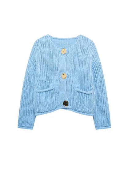 Women's Knit Cardigan Sweater - Gold Buttons & Patch Pockets
