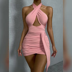 Cross Night Club Dress Backless Cut-out Pleated Mini Party Sleeveless Buttocks Bodycon Dress