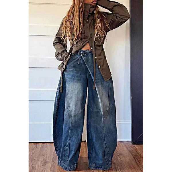 Womens Y2K Asymmetric Jeans Washed Denim Loose Fit Grunge Harajuku
