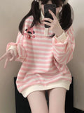 Sweatshirt Pink Striped Woman Japanese Cute Cartoon Print Polo Collar Pullover