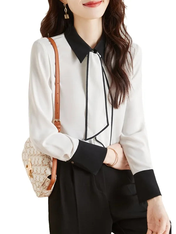 Womens White Polo Collar Shirt Tie Neck Long Sleeve Office Blouse