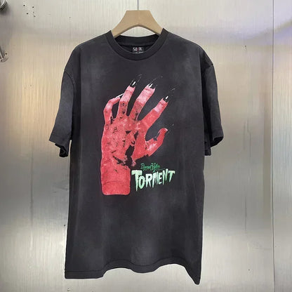 25SS Vintage Grey Saint T-Shirt Streetwear Character Logo Print Cotton