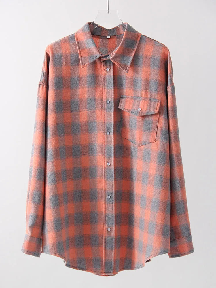 Vintage Oversized Plaid Shirt Women Casual Blouse