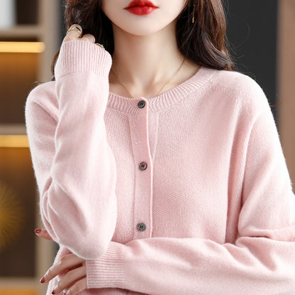 Autumn Cardigan Wool Natural Fiber Round Neck Raglan Sleeves Fashion Sweater Seamless One Line - xinnzy