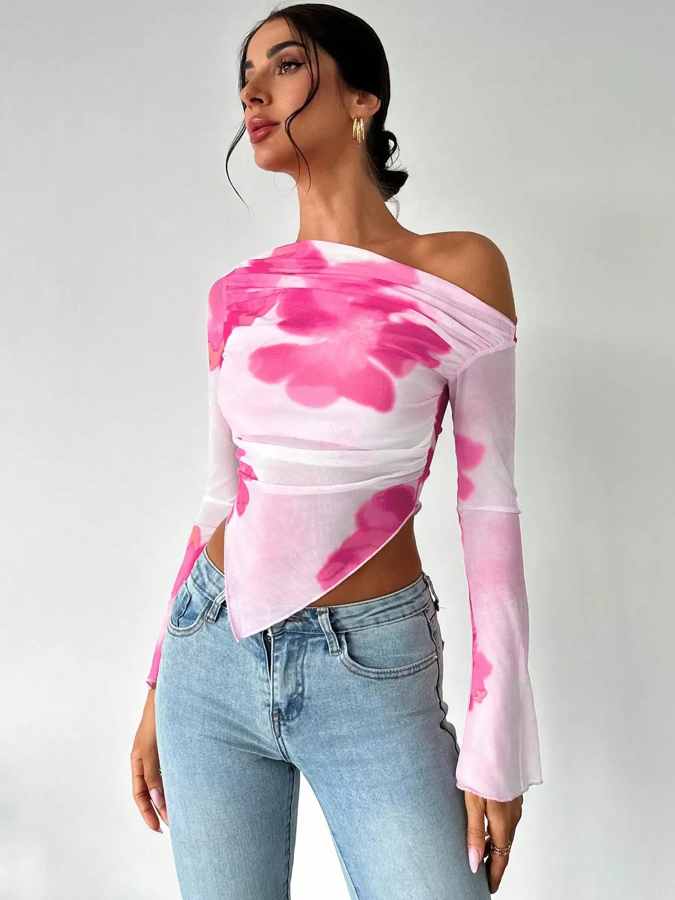 Women's Retro Digital Print Off-Shoulder Blouse Elegant Irregular Tee