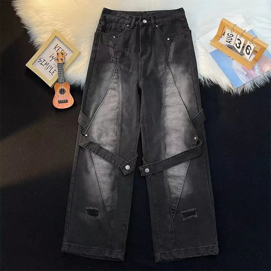 Men's Hip Hop Patchwork Jeans Washed Loose Straight Retro Denim Pants