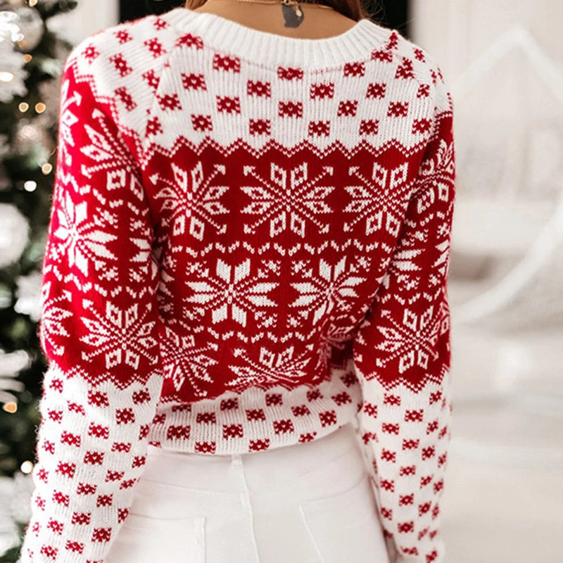 Women’s Christmas Snowflake Knitted Sweater – Long Sleeve O-Neck Winter Pullover