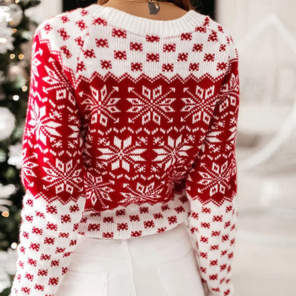 Women’s Christmas Snowflake Knitted Sweater – Long Sleeve O-Neck Winter Pullover