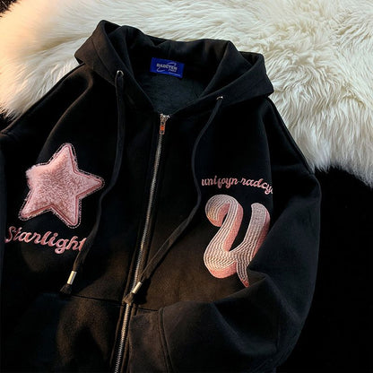 Letter Embroidery Hoodie Star Flocking High Street Hip Hop Fashion for Men and Women Loose Sweatshirt Tops