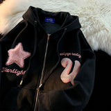 Letter Embroidery Hoodie Star Flocking High Street Hip Hop Fashion for Men and Women Loose Sweatshirt Tops