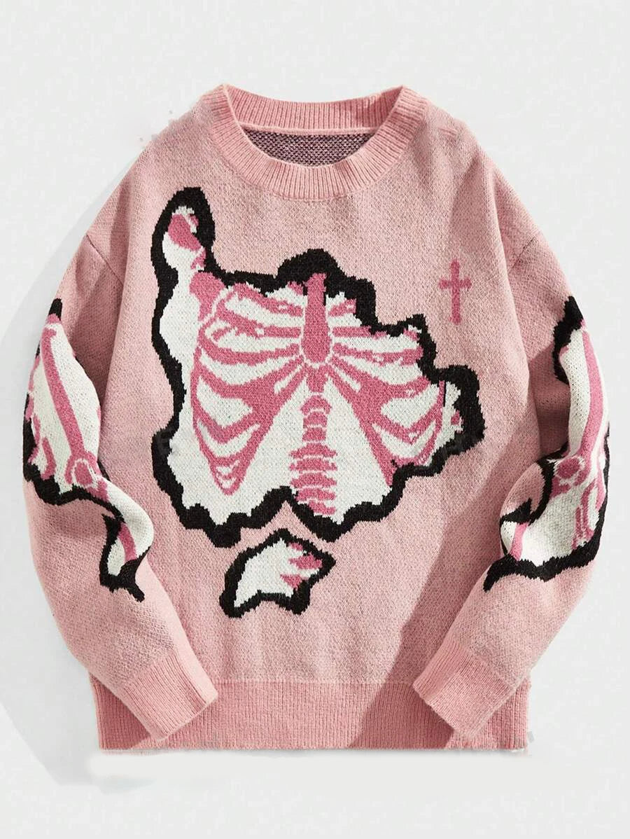 Skeleton Jacquard Knit Sweater Loose Pullover Streetwear Women Top
