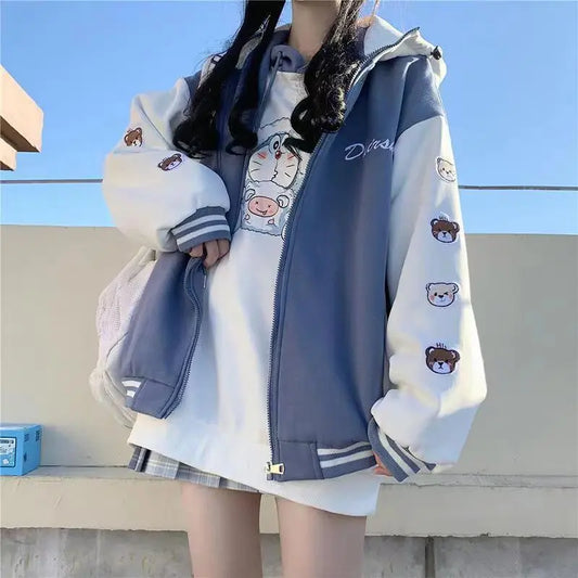 Women's Y2K Hooded Zipper Jacket Casual Loose Korean Coat with Fleece Lining