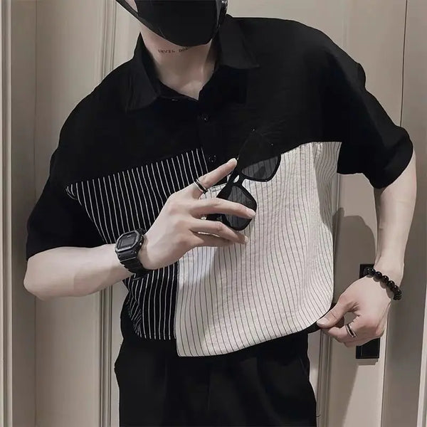 Ice Silk Men Short Sleeve Polo T Shirts Striped Spliced Fashion
