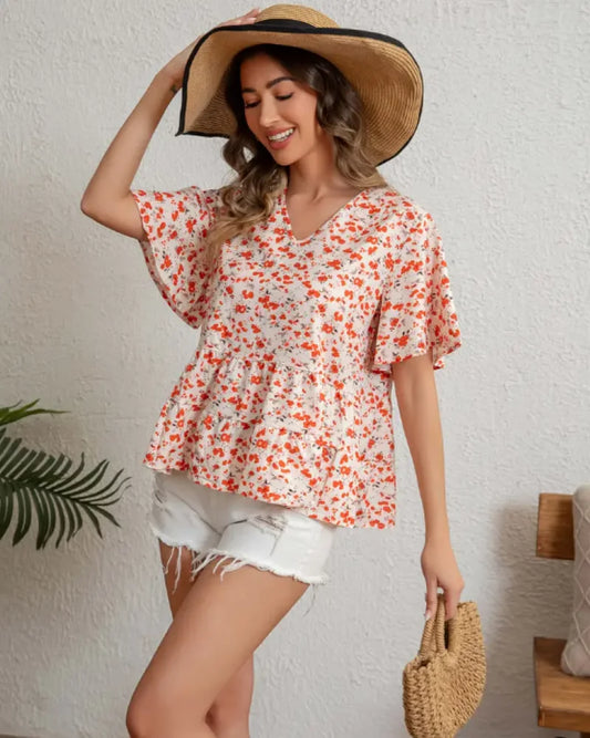 Summer women's v-neck printed short-sleeved loose casual blouse