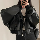 Korean Style Hooded Jacket Faux Leather Women Jacket