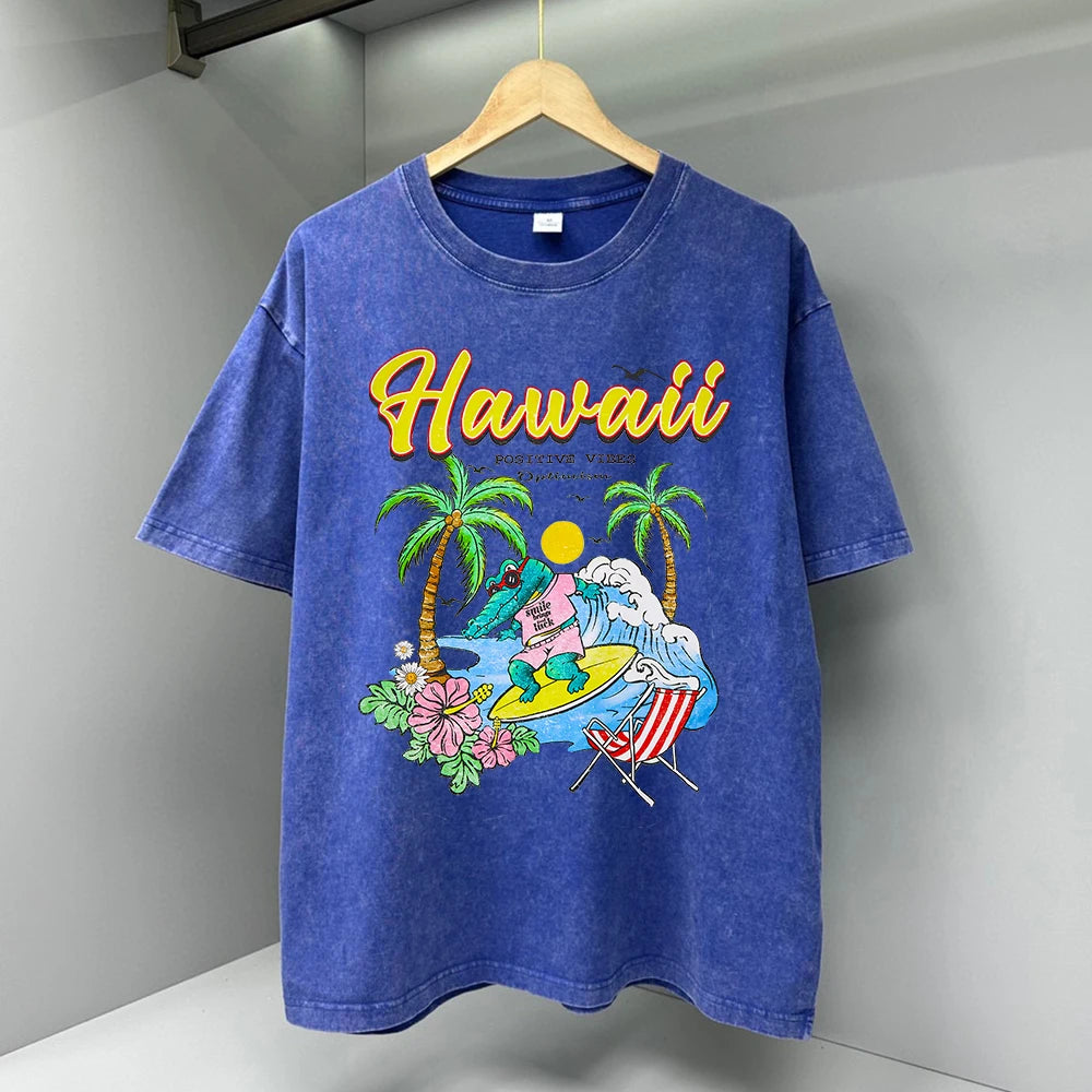 Hawaii Positive Vibes Print T-shirt Men Summer Water Wash Distressed Top