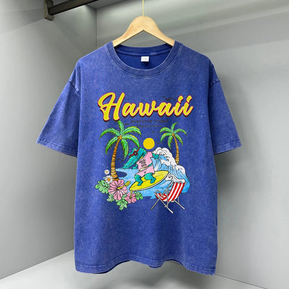 Hawaii Positive Vibes Print T-shirt Men Summer Water Wash Distressed Top