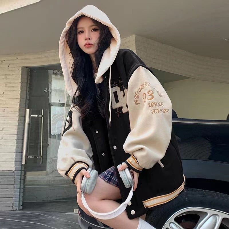 Embroidery Hooded Jacket Outerwear Women American Retro