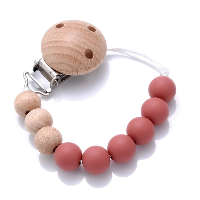 Wooden Pacifier Clip Silicone Beads Baby Teether Toy