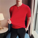 Mens High Collar Slim Fit Striped Knit Shirt For Casual Wear