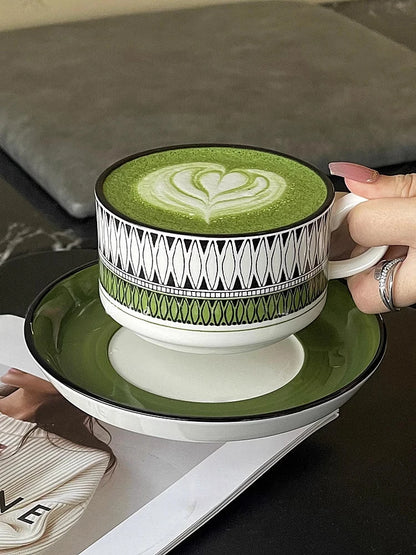 Green Medieval Coffee Cup and Plate Set Vintage Ceramic Tea Cup and Plate