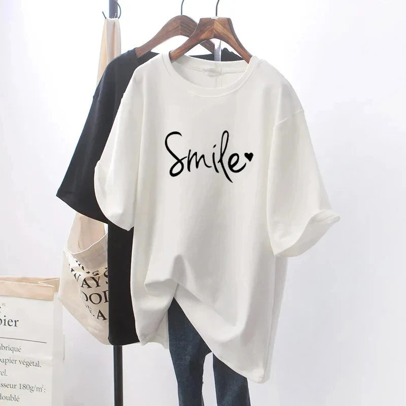 Women's Short Sleeved Love Loose White T-shirt Casual Round Neck
