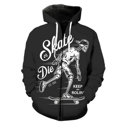 Cartoon Skull Skateboard Zipper Hoodie Cool 3D Print Streetwear for Men