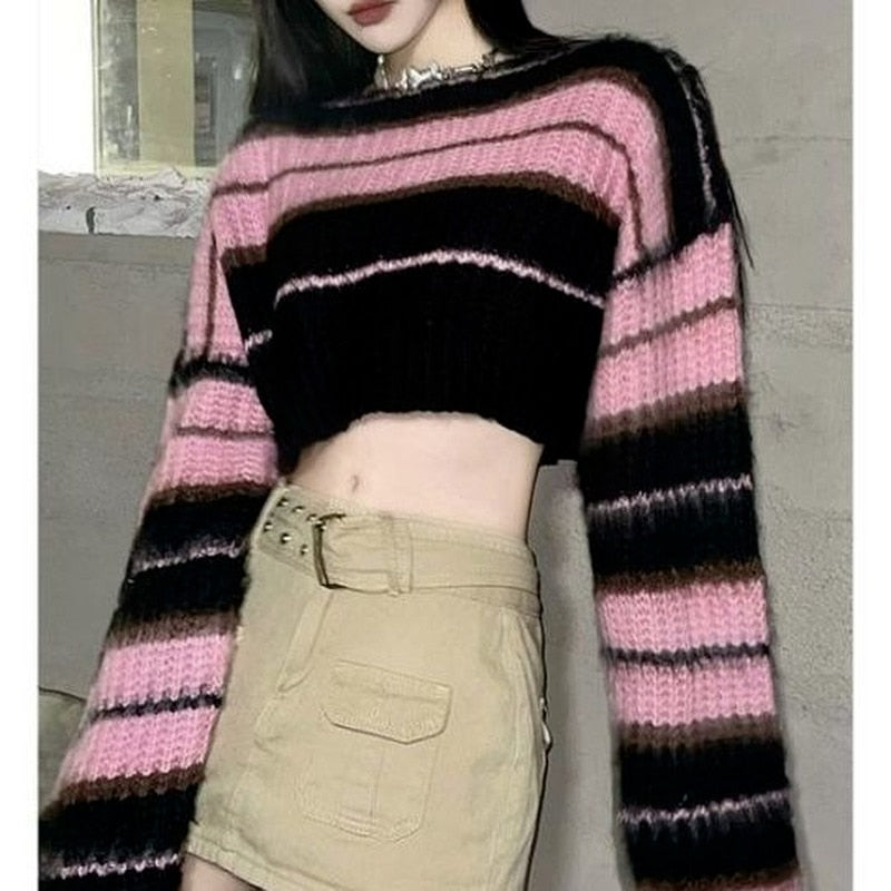 Pullover Koreanischer Stil Damen Gestreifter Pullover Vintage Langarm