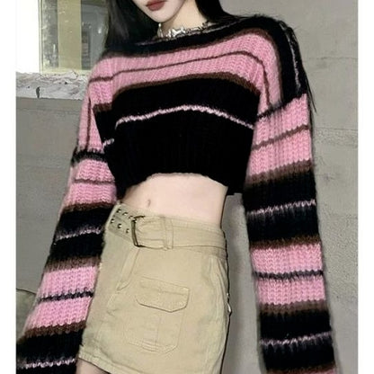 Pullover Koreanischer Stil Damen Gestreifter Pullover Vintage Langarm