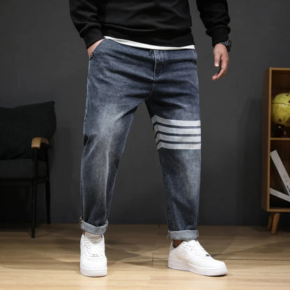 Trendy 8XL Men’s Striped Print Jeans Casual Stretch Denim Plus Size
