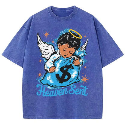 Angel Boy Money Print Washed Distressed T-shirt Summer Fashion Men