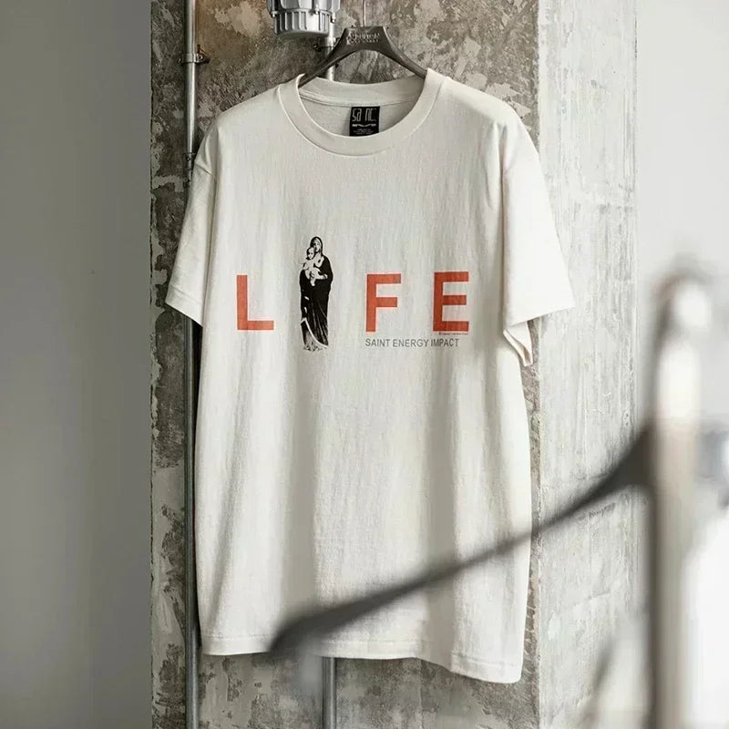 25SS Vintage Grey Saint T-Shirt Streetwear Character Logo Print Cotton