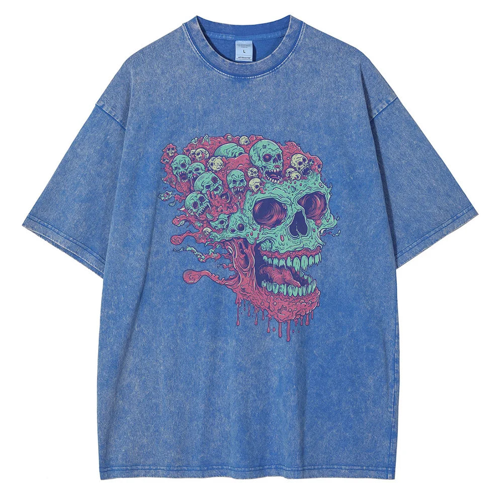2025 Cold-Blooded Zombie Skull T-Shirt Vintage Wash Men’s Casual